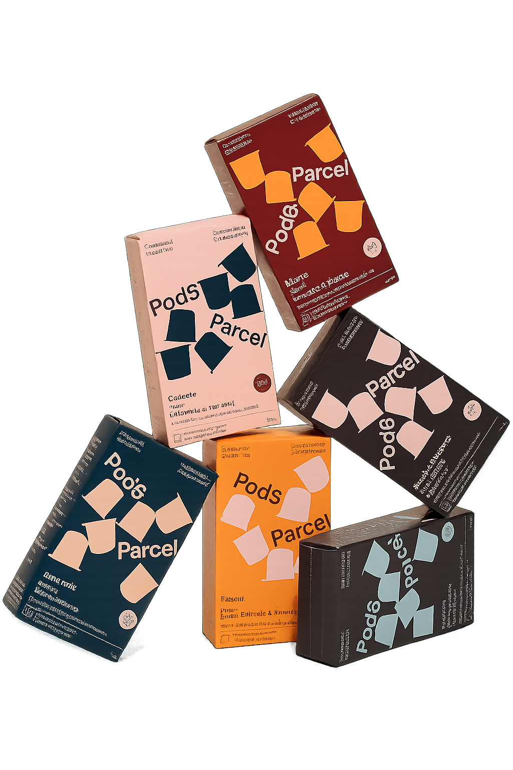 Collection of colorful 'Pods Parcel' boxes on a white background